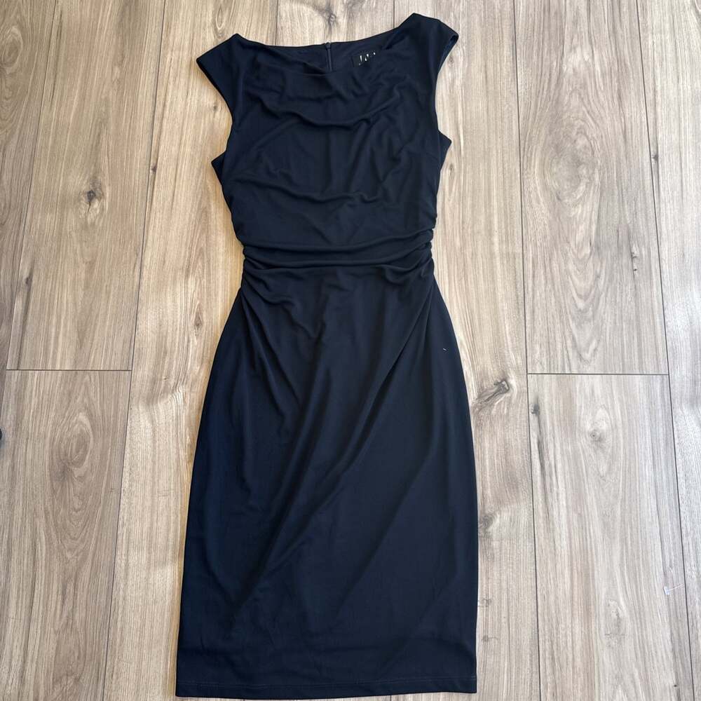 DAVID MEISTER Cowl Neck Sheath RUCHED Lined DRESS Size 2 BLACK Classic Slimming